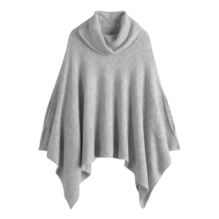 Gray cable-knit cowl-neck poncho, laid flat on white