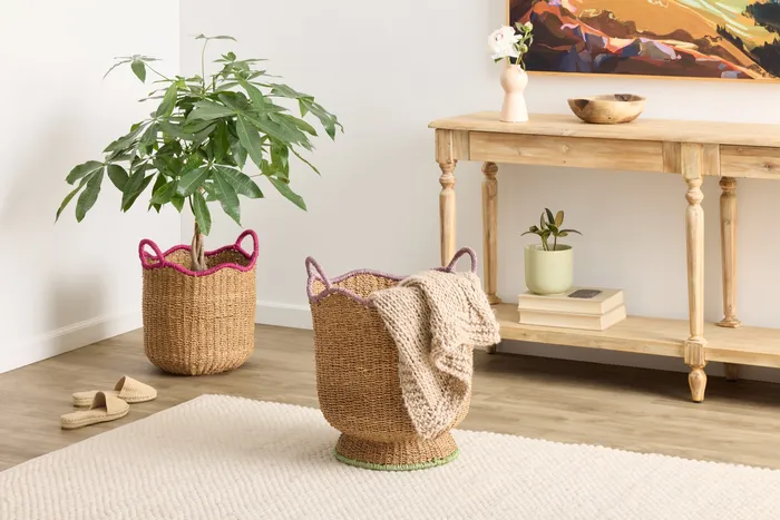 Two woven fiber baskets with colorful rope trim, styled in an entryway with a potted plant